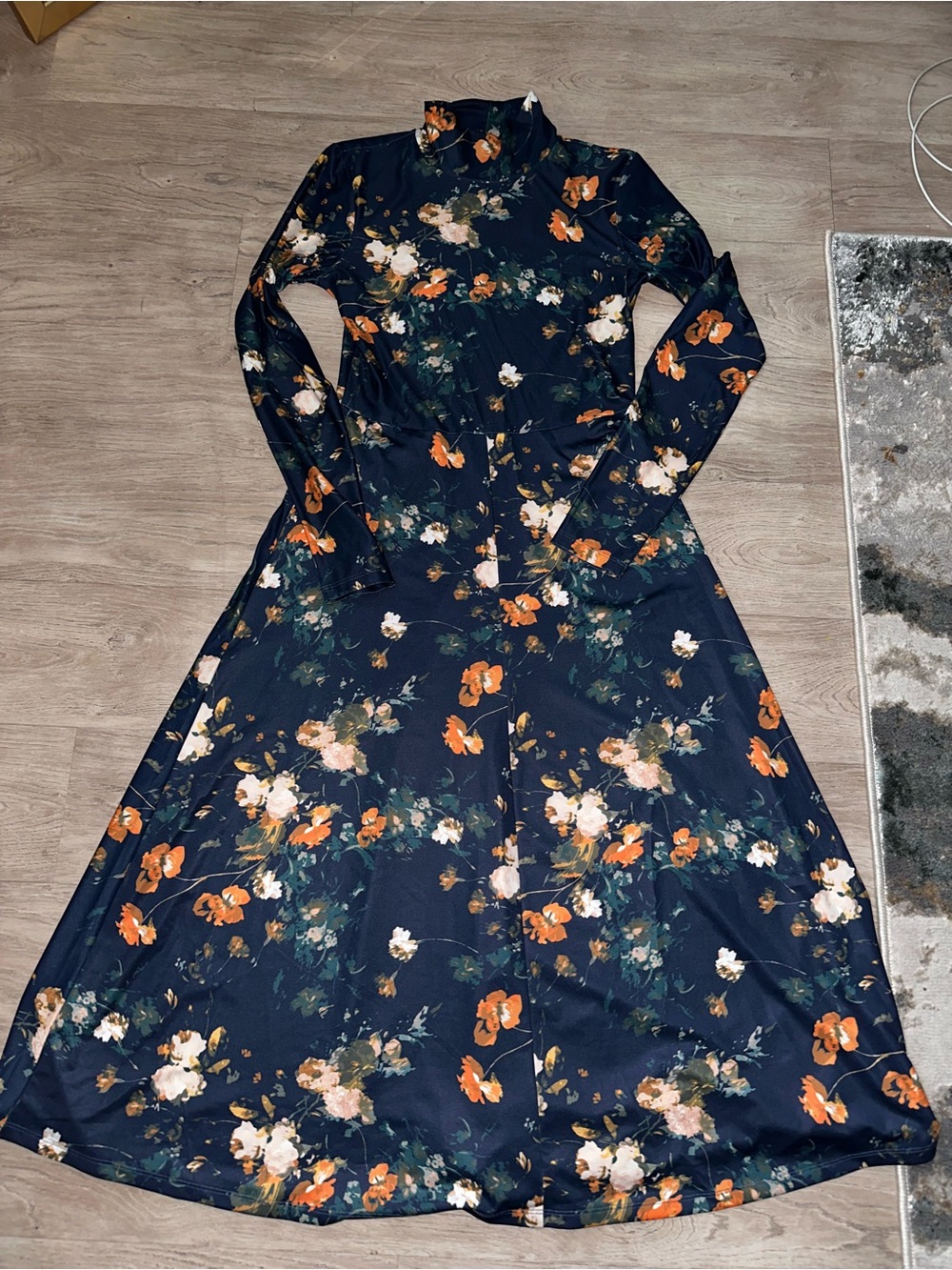 Aritzia Navy Floral Long-Sleeve Maxi Dress with Orange & Cream Accents
